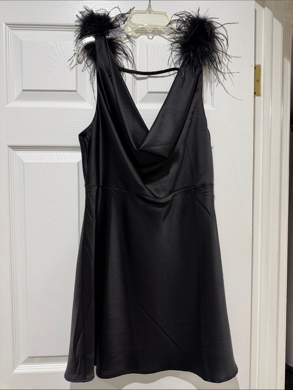 Black Satin Mini Dress with Feather Straps